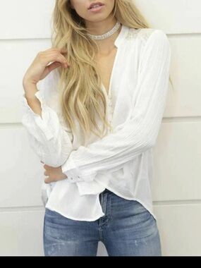 Free People Canyon Rose Button Down Blouse White Embellished Shirt L Collarless